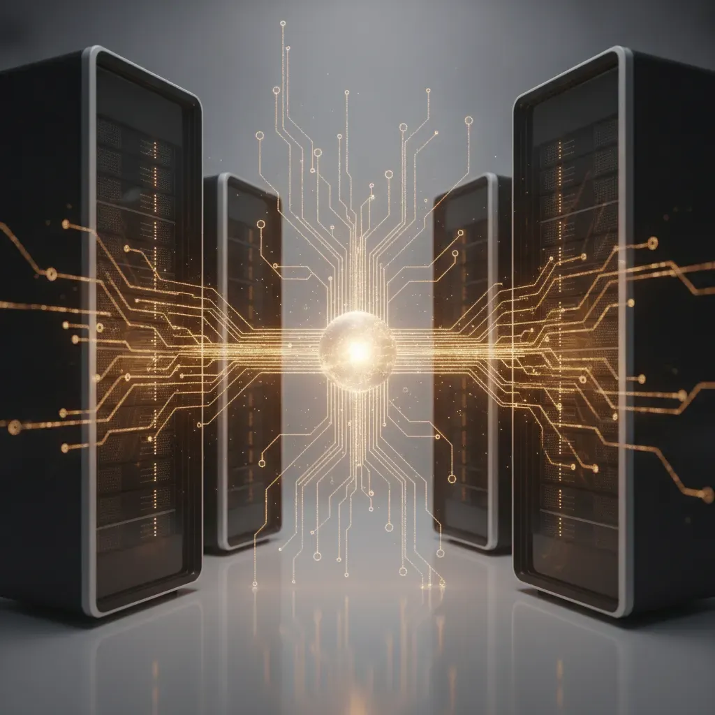 A futuristic 3D digital illustration showing a glowing, amber-toned neural network architecture representing Kronos Dynamics' AI-driven IT infrastructure management.