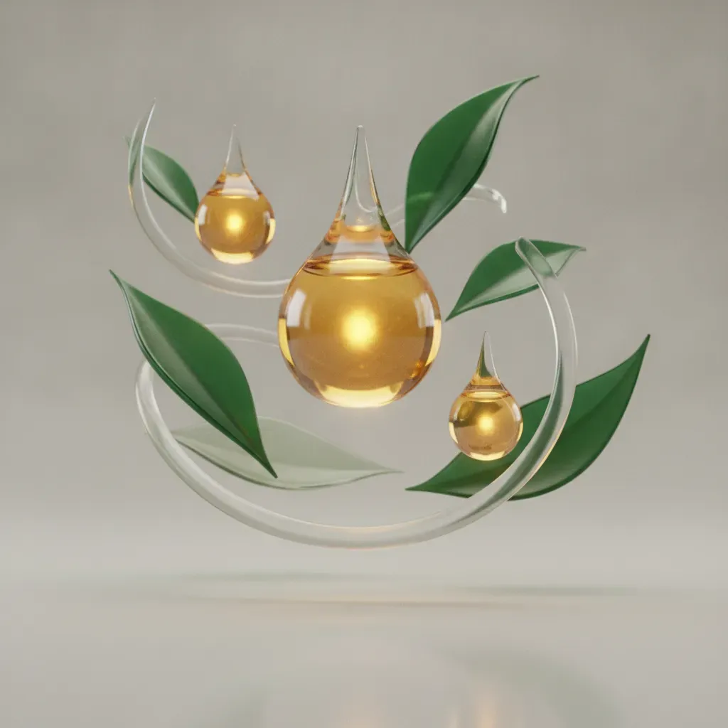 A luxury 3D illustration representing Varana Botanica's aromatic essence with glowing oil droplets and botanical elements in warm, calming tones.