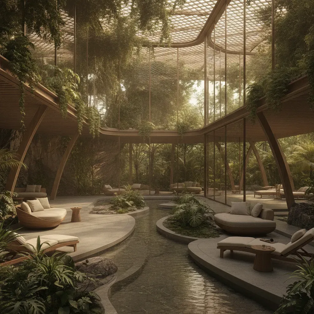A peaceful, modern wellness resort scene at Varana Botanica with lush tropical greenery and warm, soft lighting, illustrating holistic recovery.