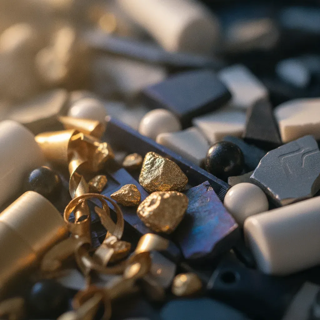 Close up of recycled gold, titanium, and ceramic materials
