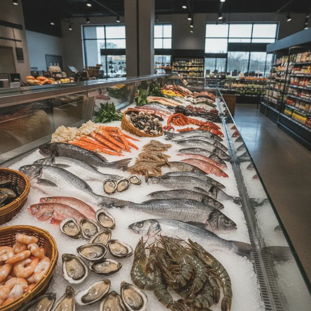 Pristine seafood display in a high-end supermarket
