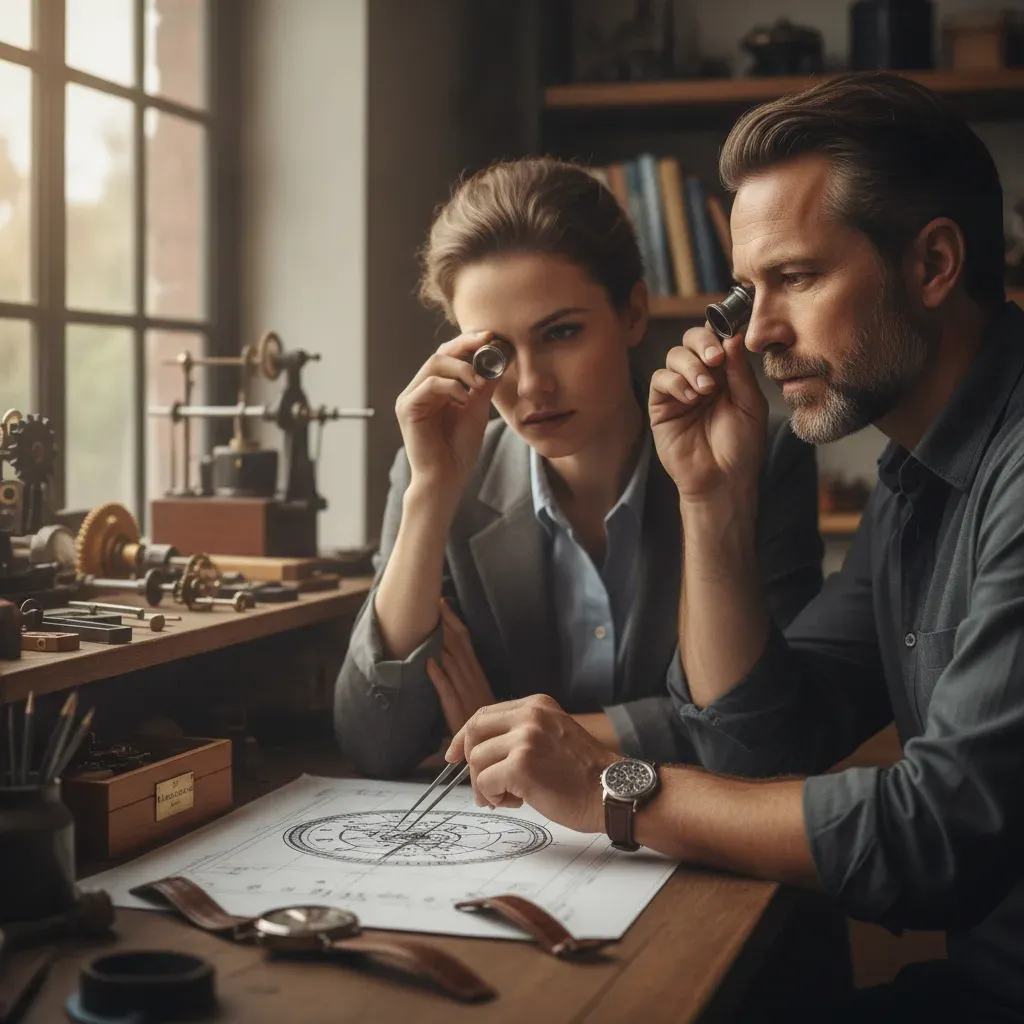 Craftsman discussing bespoke watch design with a client