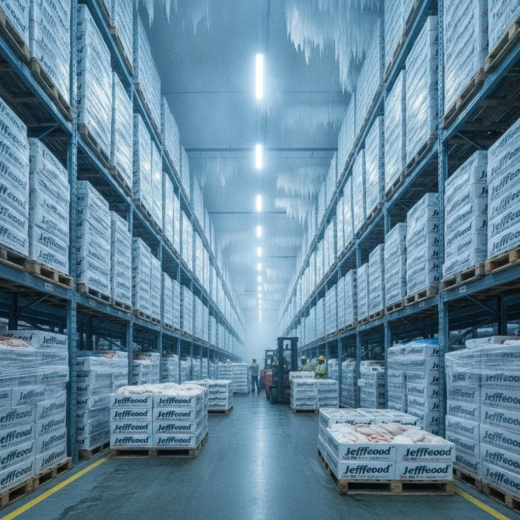 Large scale frozen seafood distribution warehouse