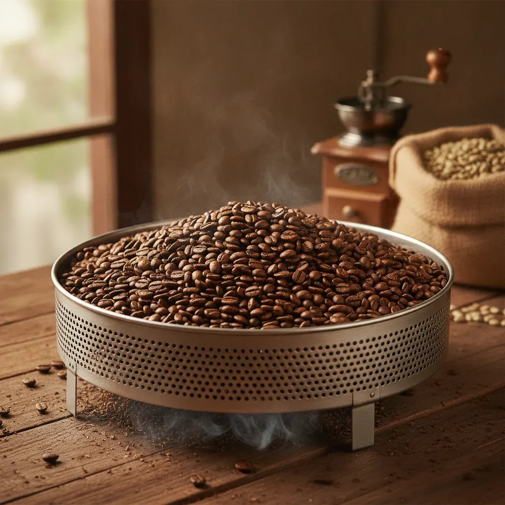 เมล็ดกาแฟคั่วสดใหม่ในถาดทำความเย็น