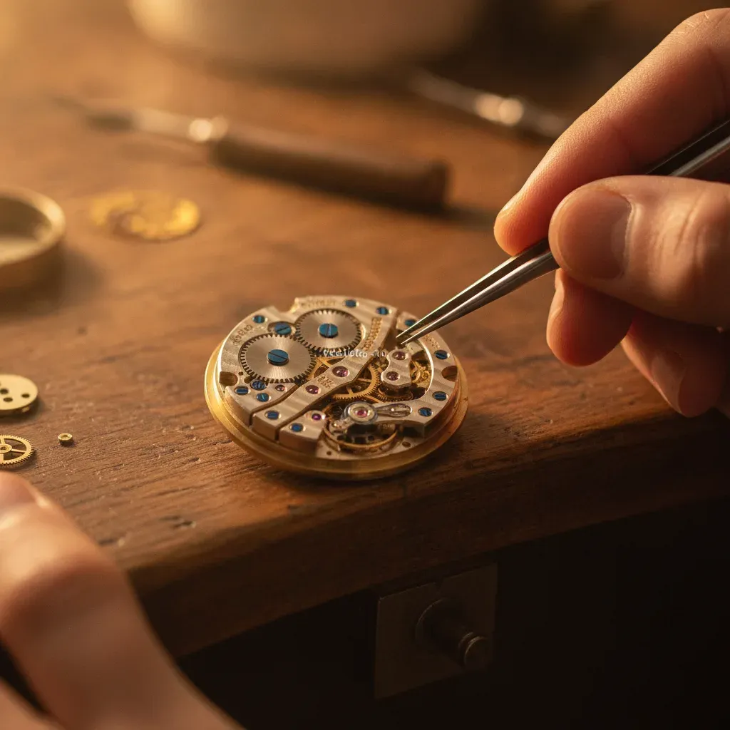Macro shot of watch movement and watchmaker's hands in warm light