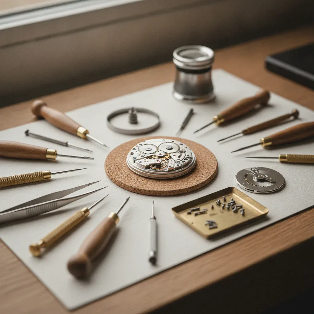 Detailed view of watch maintenance tools and movement