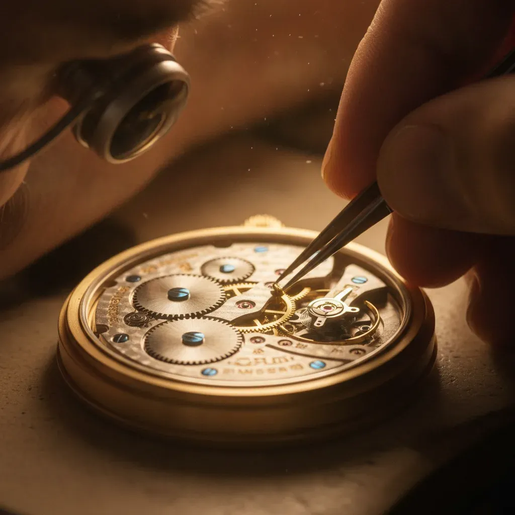 Macro shot of mechanical watch movement and craftsman hands in warm light