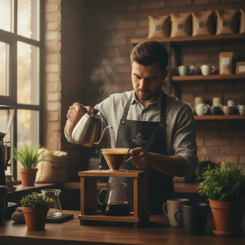 บาริสต้ากำลังชงกาแฟดริปในร้าน