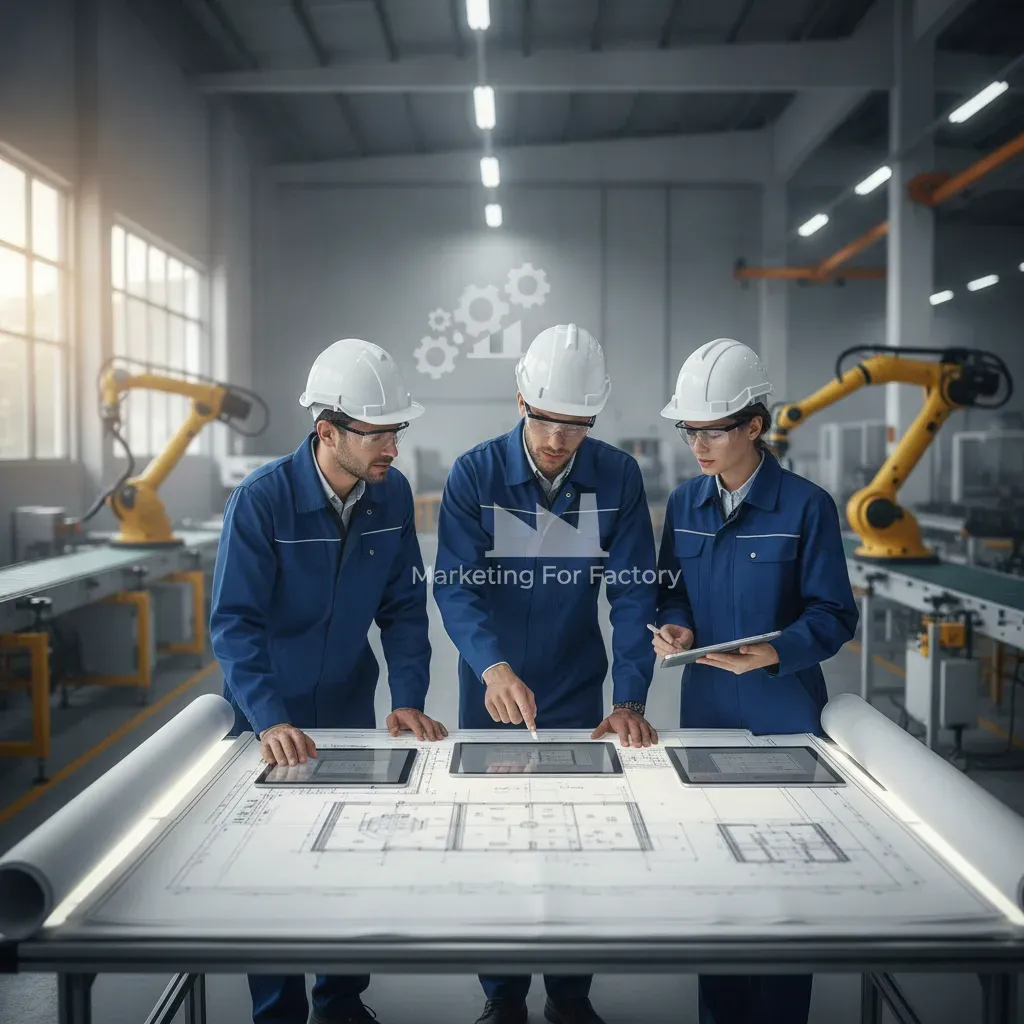 Engineers reviewing blueprints in a modern factory setting
