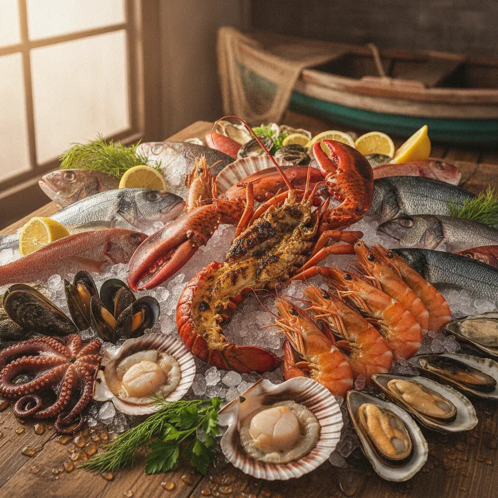 Fresh seafood displayed on ice