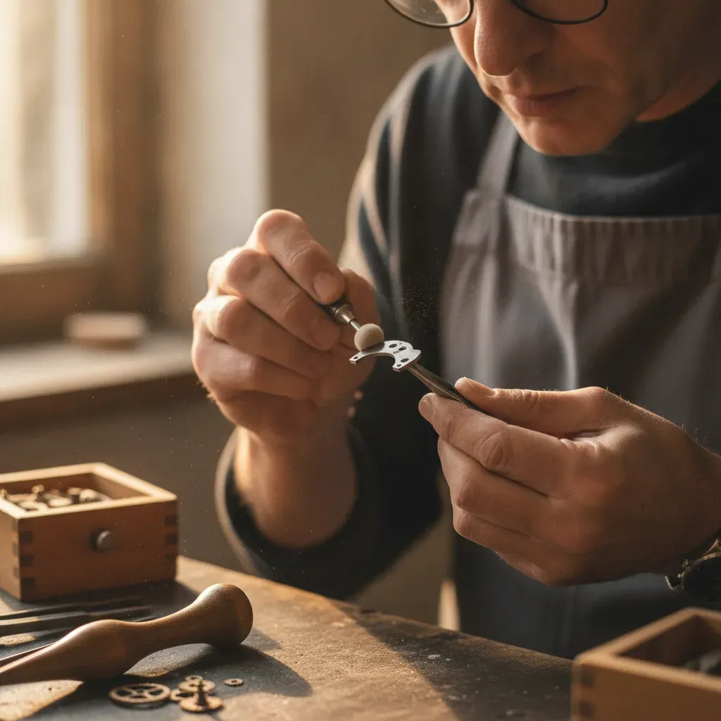Craftsman polishing a watch bridge