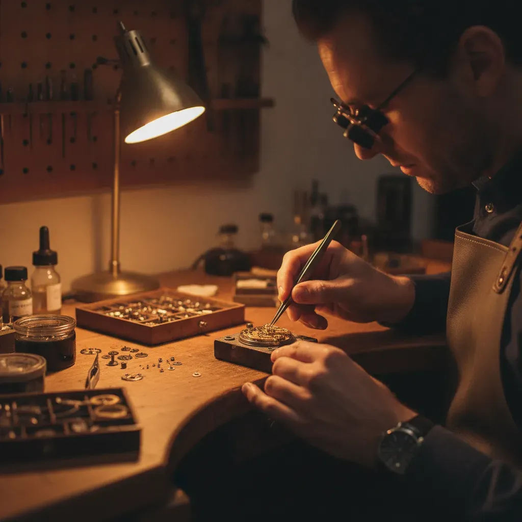 Atelier watchmaker working on a movement