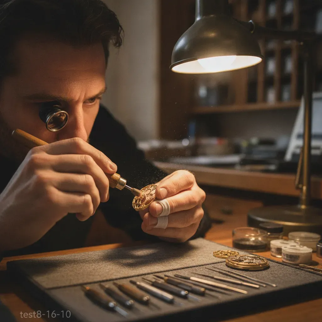 Watchmaker meticulously polishing a movement bridge