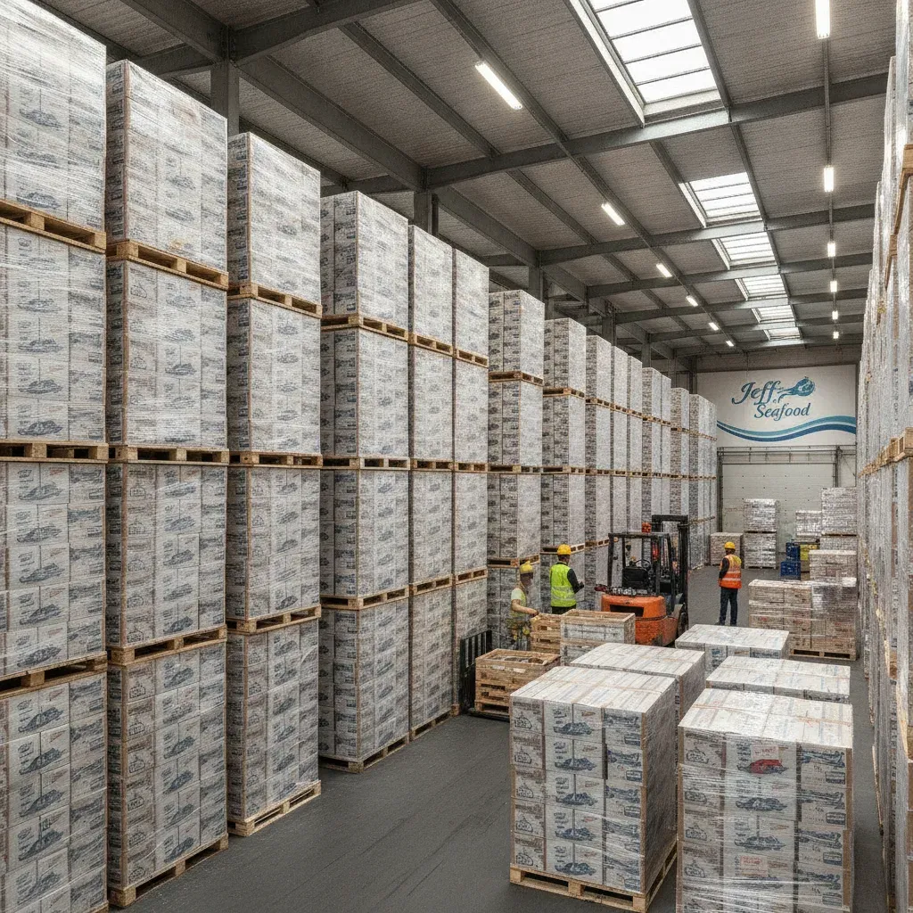 Industrial warehouse with pallets of seafood