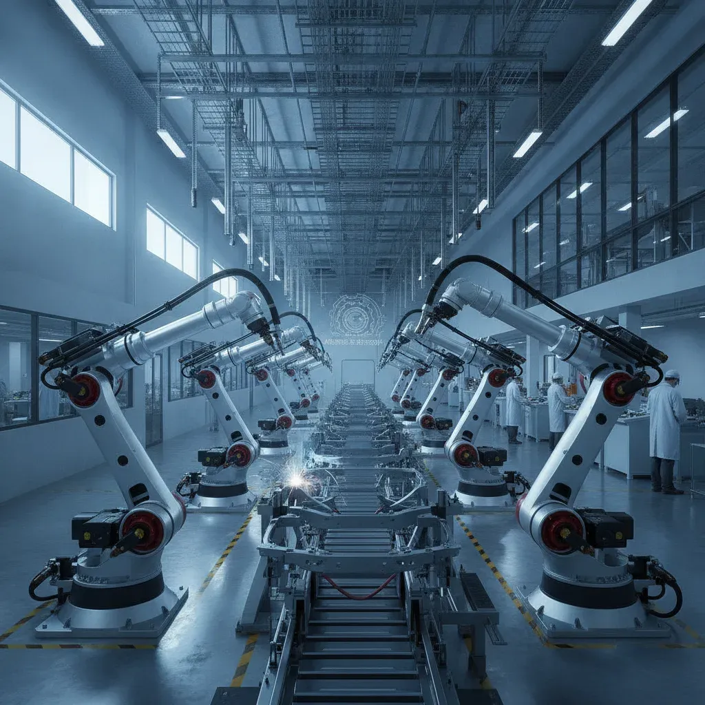 modern factory production line with robotic arms 1