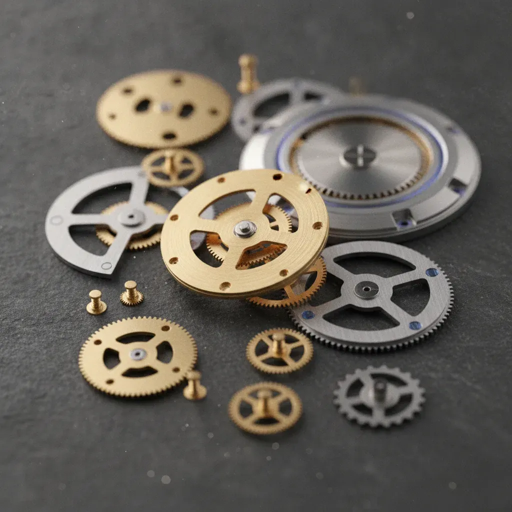 Close up of recycled gold and titanium watch components