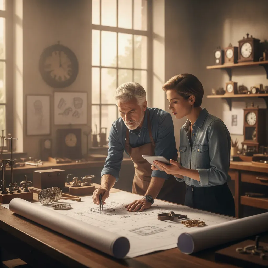 Watchmaker and designer discussing blueprints in the Atelier