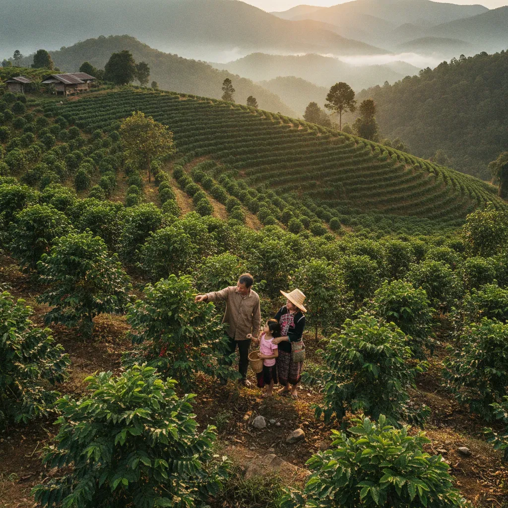 ครอบครัวเกษตรกรกำลังตรวจสอบต้นกาแฟบนดอย