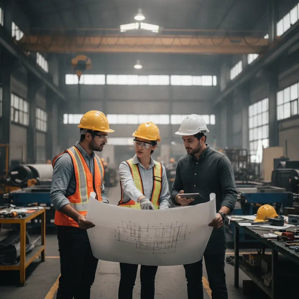 engineers discussing blueprint in factory