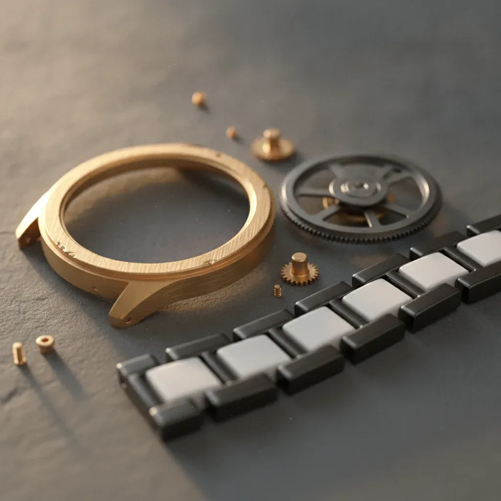 Detail of recycled gold, titanium, and ceramic watch components