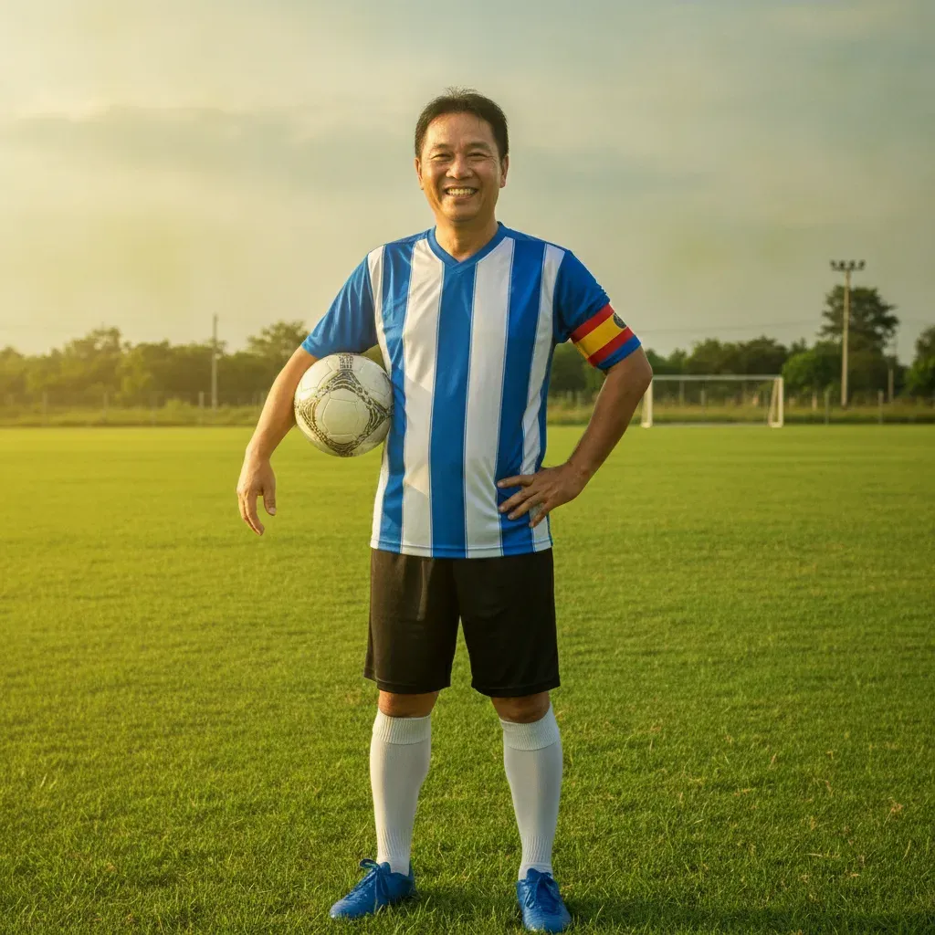 ภาพหน้าของเจ้าของ Jeffy Soccer ยิ้มอยู่ในชุดฟอร์มเตะฟุตบอล