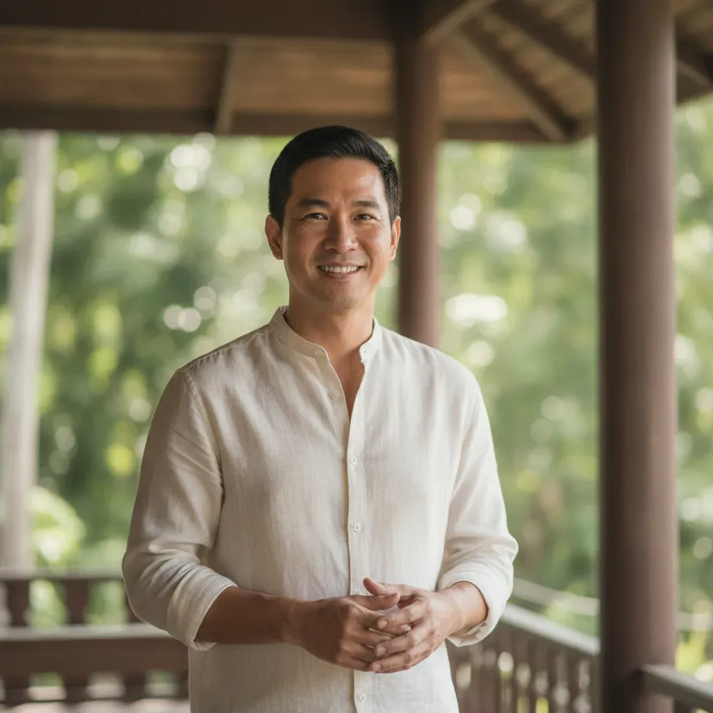 ภาพถ่ายบุคคลชายชาวไทยที่ดูสงบและยิ้มแย้ม