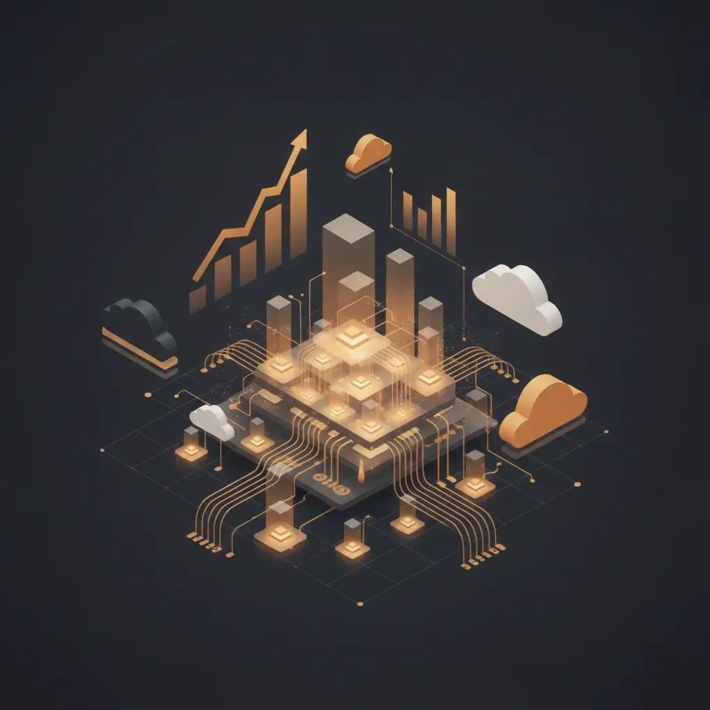 A 3D abstract illustration featuring interconnected data nodes and financial growth charts in warm, professional tones, representing cloud cost optimization for enterprises.