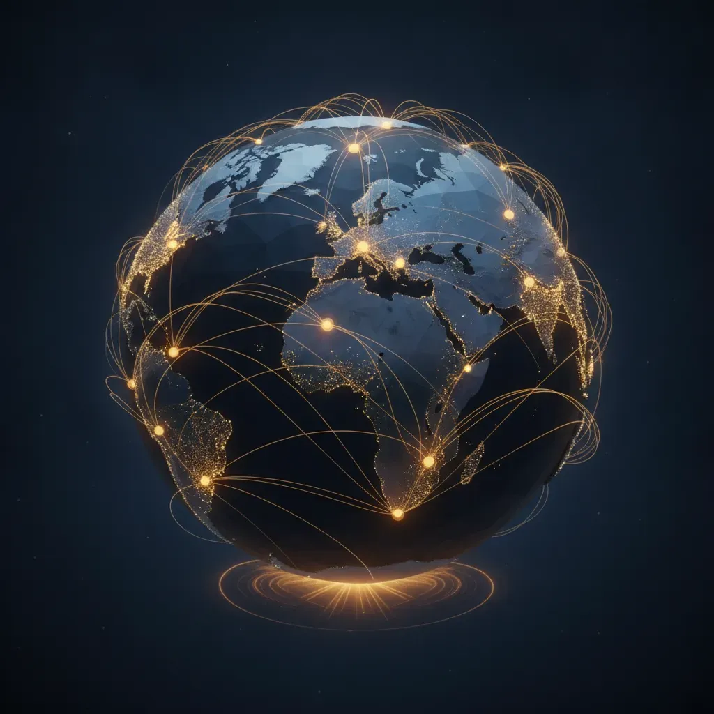 A global network visualization representing Kronos Dynamics distributed database infrastructure with glowing nodes and golden data connections across the earth.