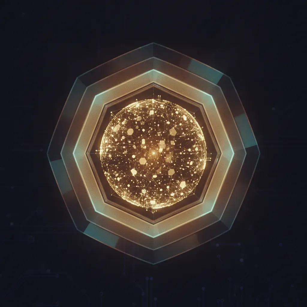 An abstract 3D visualization showing a protected data core surrounded by hexagonal security shields, representing Zero-Trust architecture.