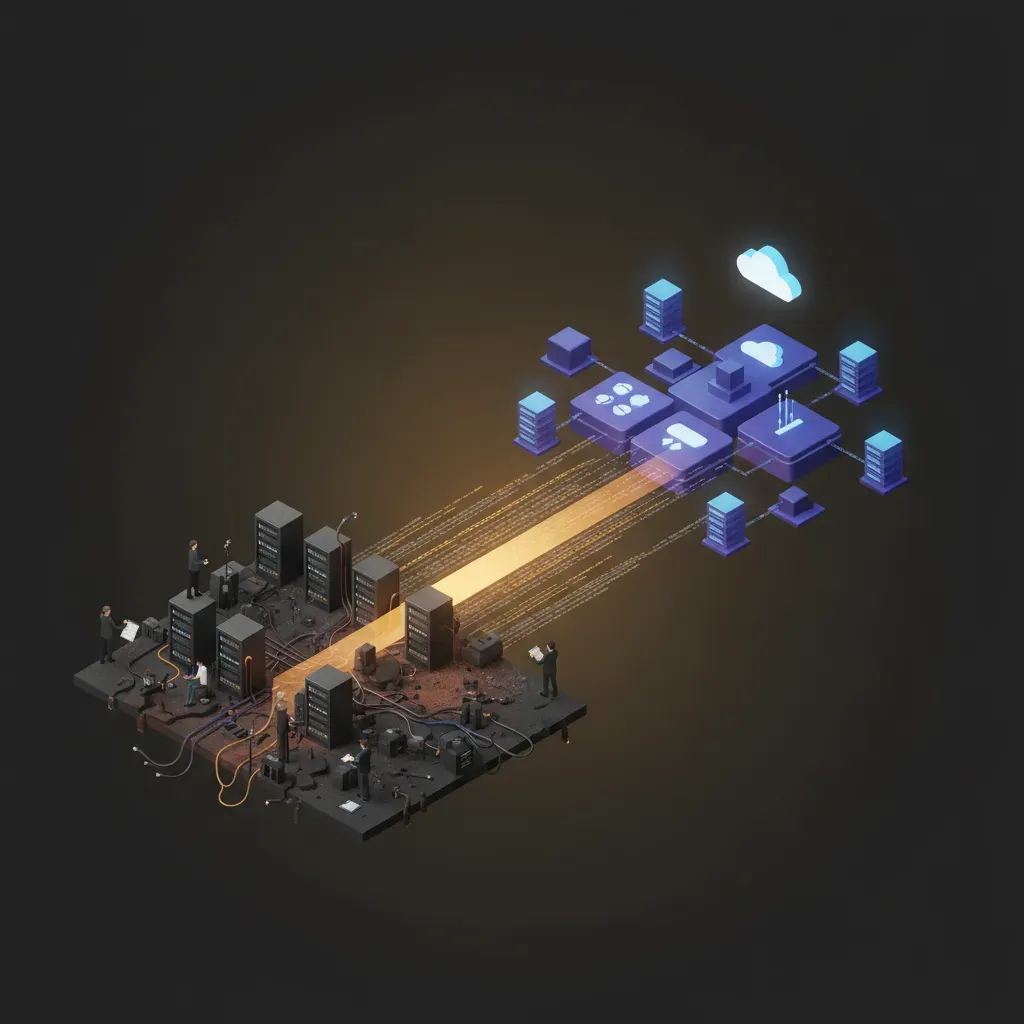 A modern 3D illustration showing digital infrastructure being built by code, symbolizing automation and digital transformation.