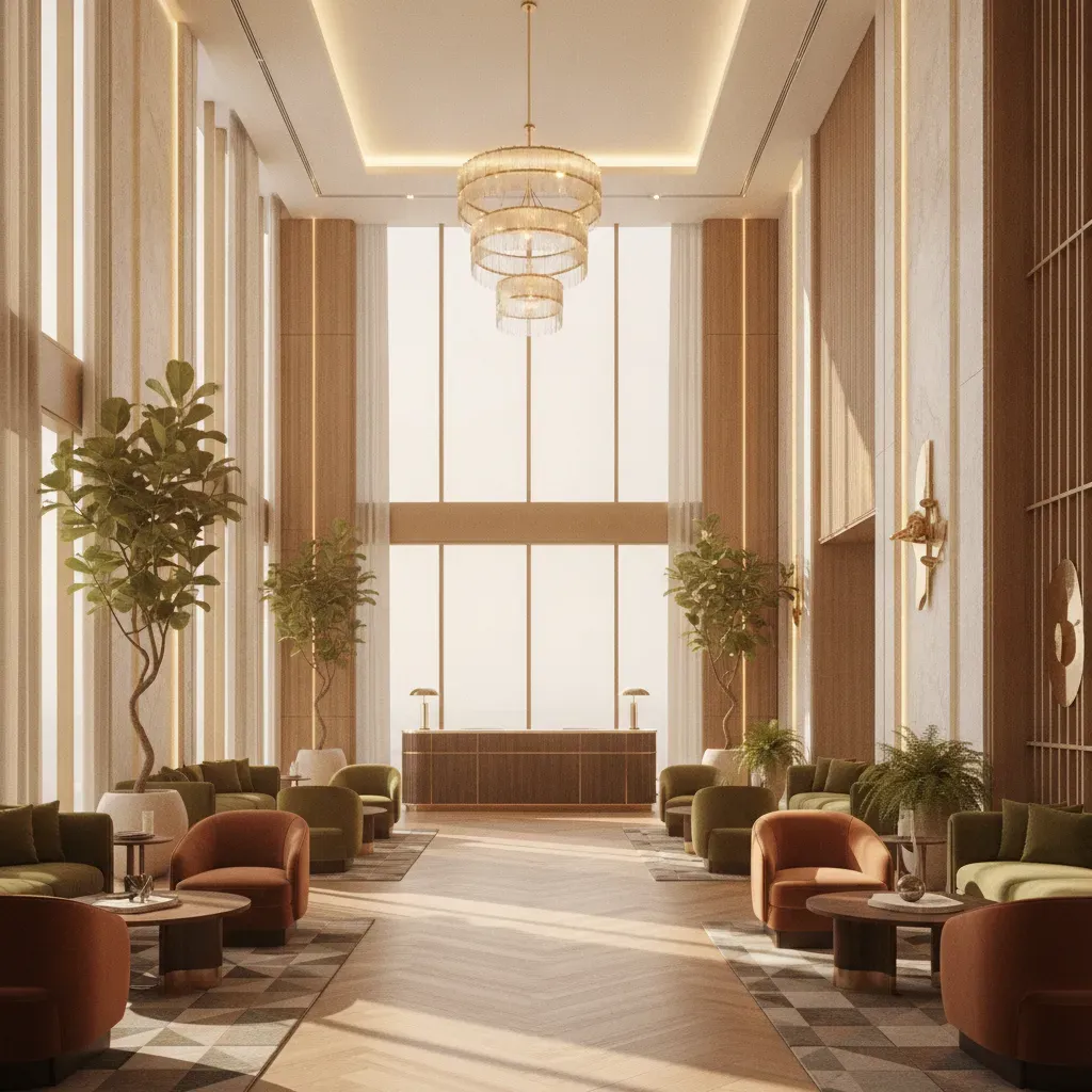 ภาพกราฟิก 3 มิติบริเวณล็อบบี้ของโรงแรม Jeffy Hotel ที่มีการตกแต่งอย่างหรูหรา อบอุ่นด้วยโทนสีเอิร์ธโทน สะท้อนประสบการณ์การพักผ่อนเหนือระดับ