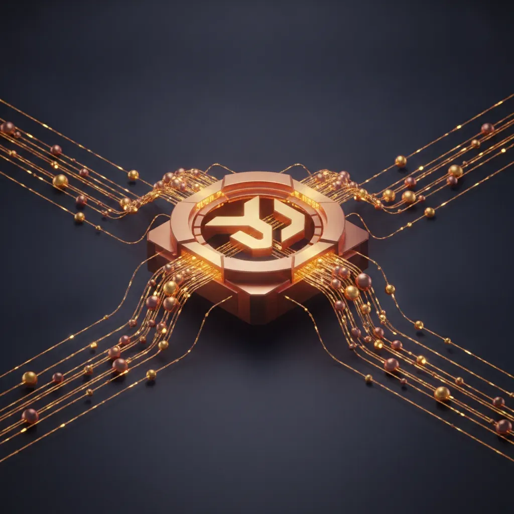 A high-tech 3D illustration representing a complex network of Microservices and API Gateway traffic managed by Kronos Dynamics with warm ambient lighting.