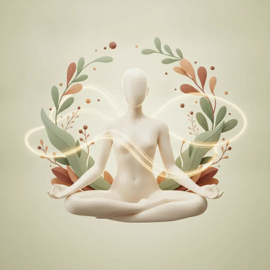 A minimalist, artistic representation of mindfulness and breathing techniques in a warm, botanical-inspired setting.