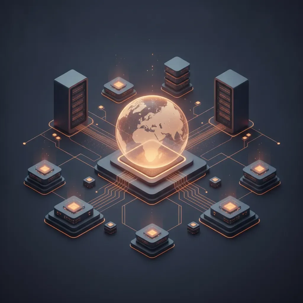 A 3D holographic digital hub representing Kronos Dynamics observability and AIOps, with interconnected data nodes and glowing golden light streams signifying proactive system management.
