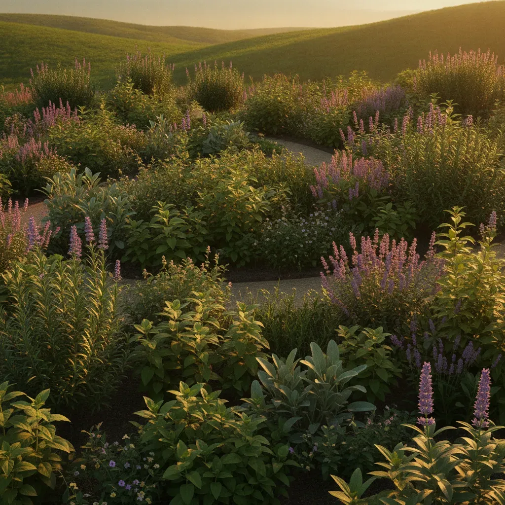 An illustration of Varana Botanica's diverse organic herb garden bathed in warm, golden light representing sustainable agriculture.