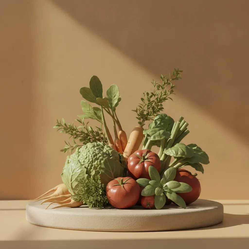 A close-up of fresh organic vegetables and herbs bathed in warm morning light, representing Varana Botanica's holistic approach to organic nutrition.