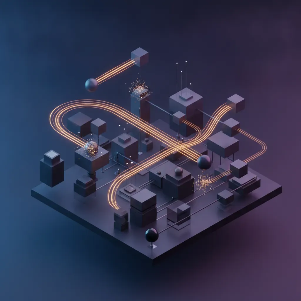 A 3D isometric visualization of a high-speed event-driven digital data network glowing with warm golden light representing real-time information streaming.