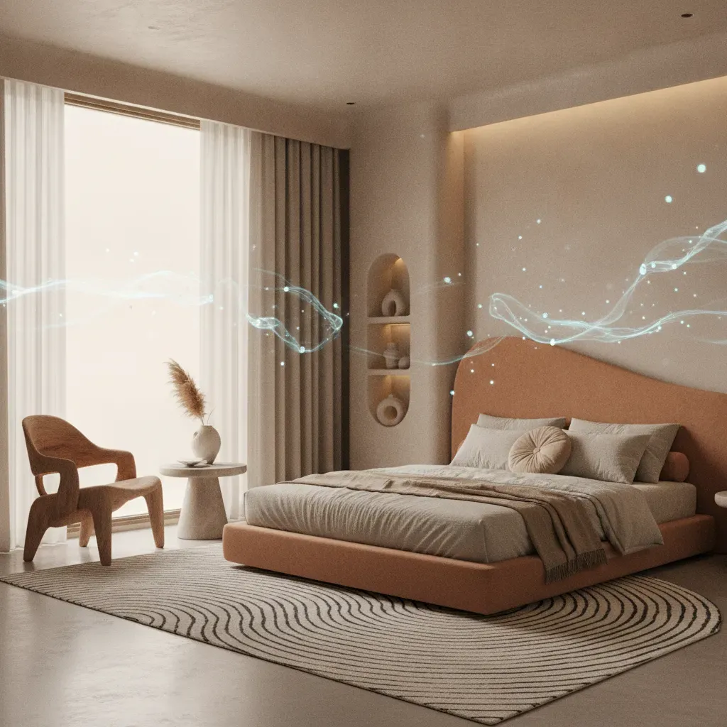 A minimalist bedroom designed for deep, restorative sleep with warm ambient lighting and a serene atmosphere according to Varana Botanica's philosophy.