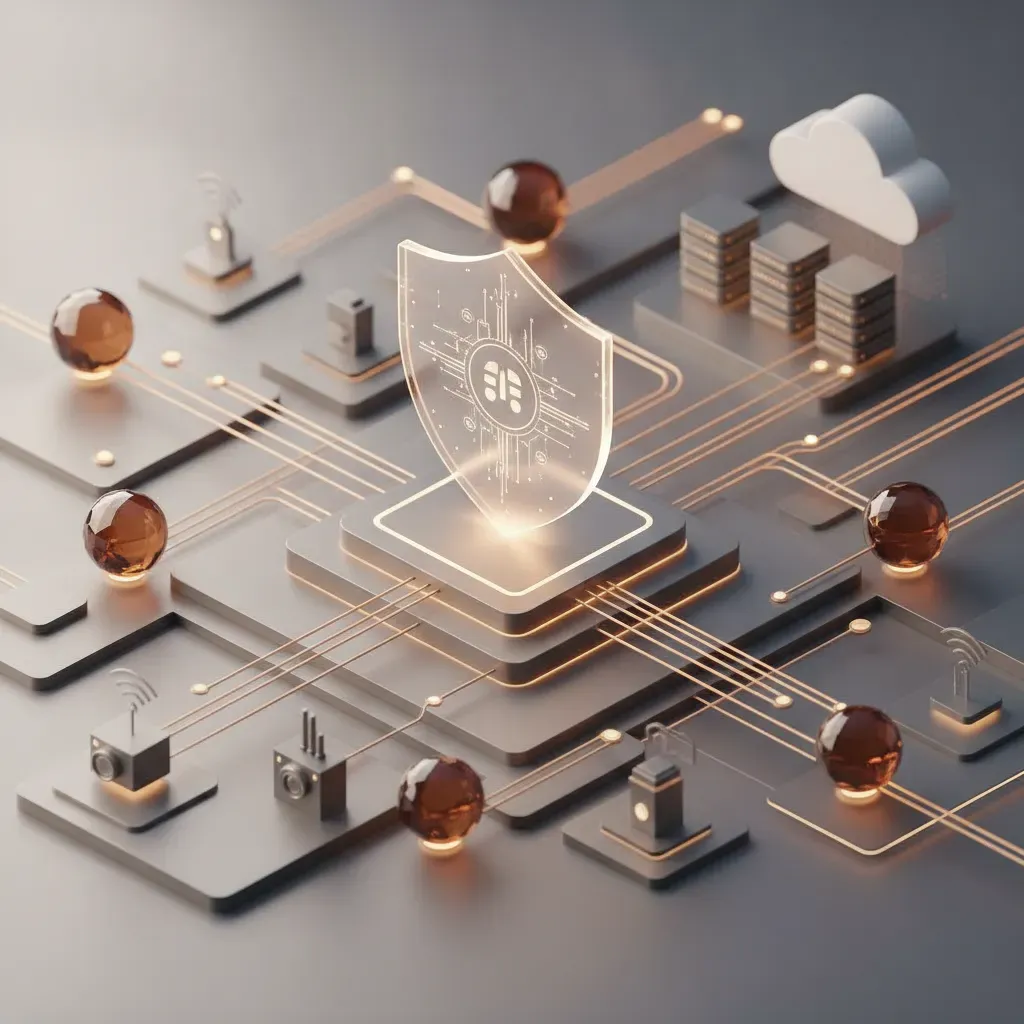 Digital illustration of secure IoT and cloud connectivity with Zero-Trust architecture symbols in warm professional tones.