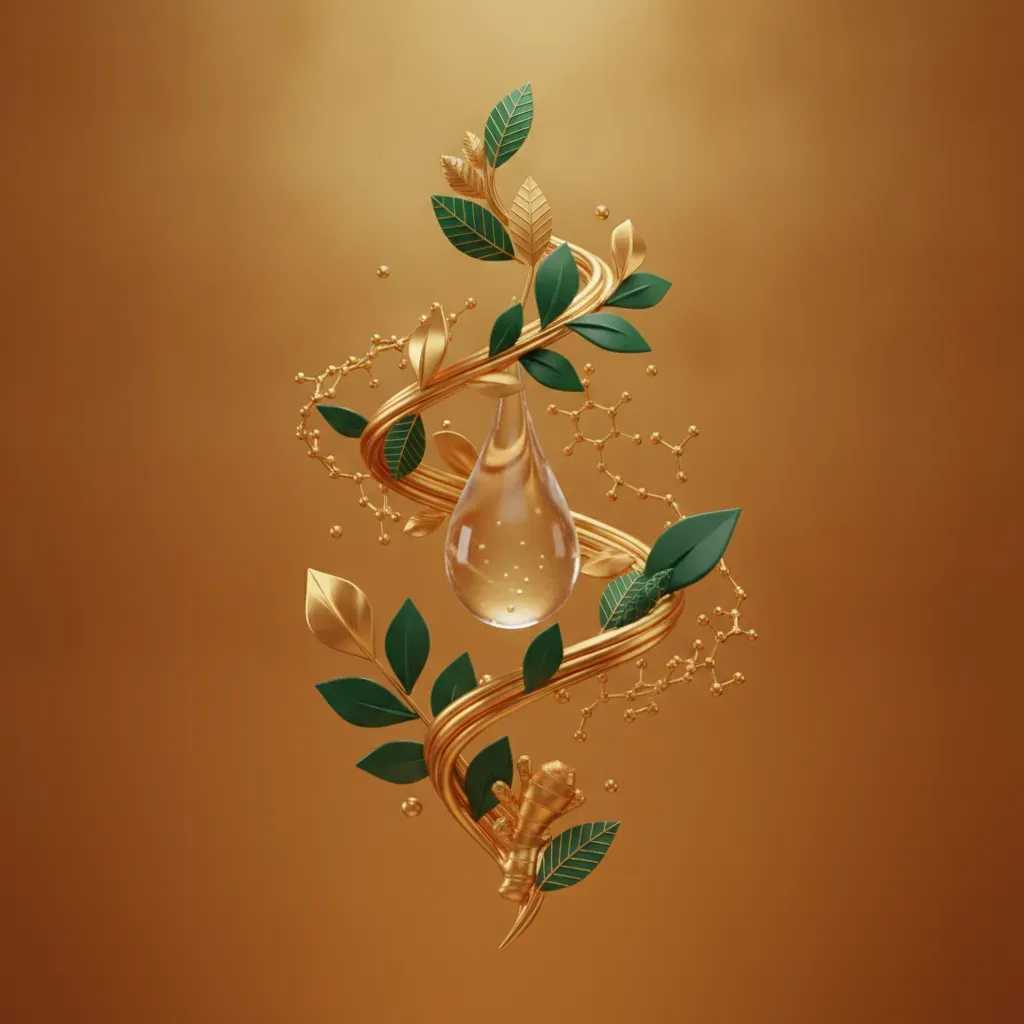 An artistic visualization of Varana Botanica's philosophy, showing a glowing botanical essence droplet surrounded by stylized herbal elements in warm, professional tones.
