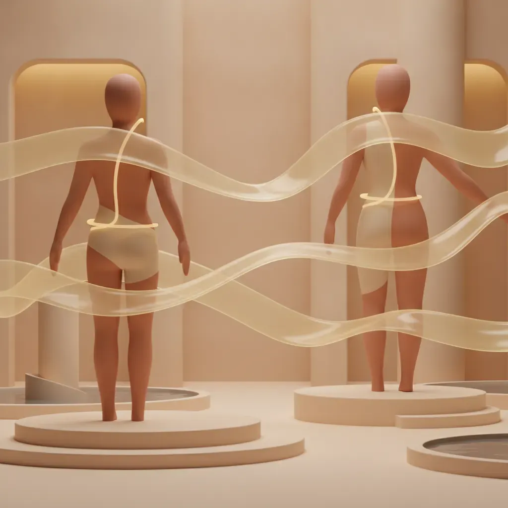 An abstract, modern 3D illustration showcasing the holistic art of Thai massage with warm golden tones and flowing energy lines representing balance and wellness.